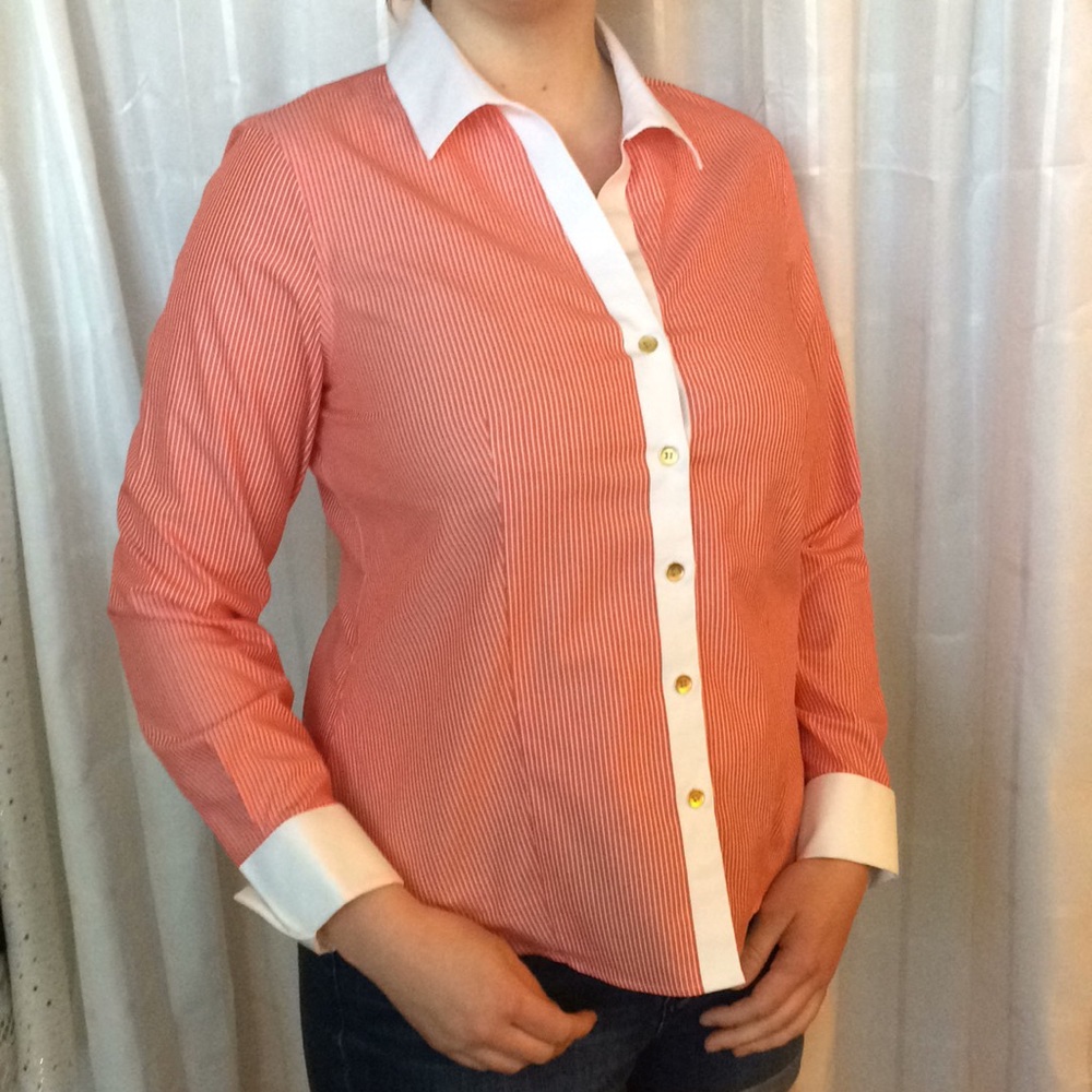 Red White Pin Stripe Jones NY Button Blouse Sz 10